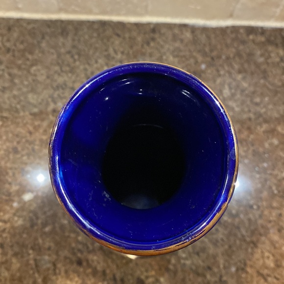 Vintage Japanese Vase Cobalt Blue With Birds & Pink Blossoms 11” Tall - Picture 3 of 4